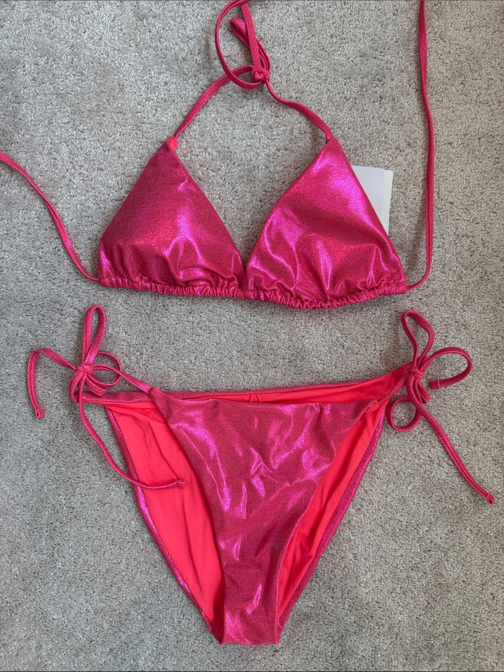 NWT BECCA Swim Shimmery Hot Pink Triangle String Bikini - MEDIUM